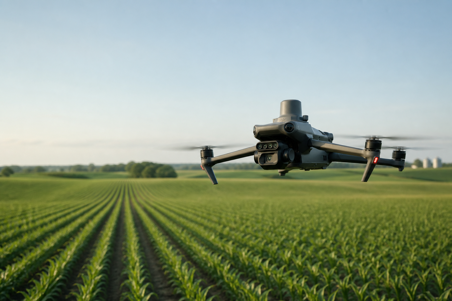Professional drone flying over Nebraska farmland